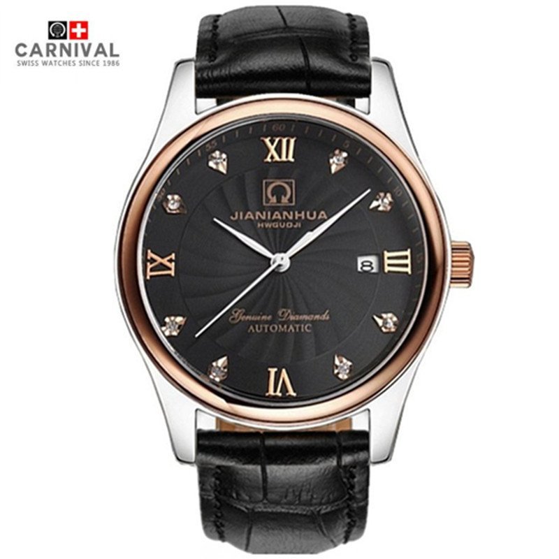 瑞士嘉年华CARNIVAL手表 名匠系列镶水钻男士商务石英表 男日历防水大三针皮表带男表真皮表带8828G水钻石英款腕表 玫金黑面