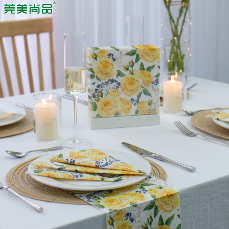 莞美尚品花开富贵黄玫瑰彩色餐巾纸原生木浆纸巾三层加厚便携装20包