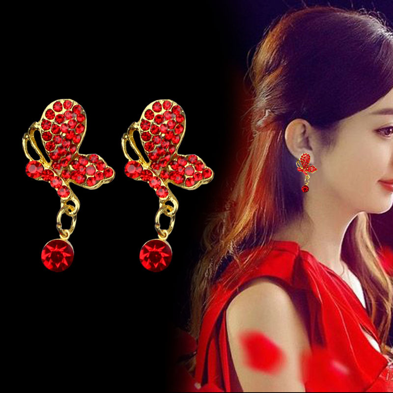 新娘耳环结婚红色钻长款耳坠无耳洞夹中国风复古旗袍走秀耳配饰