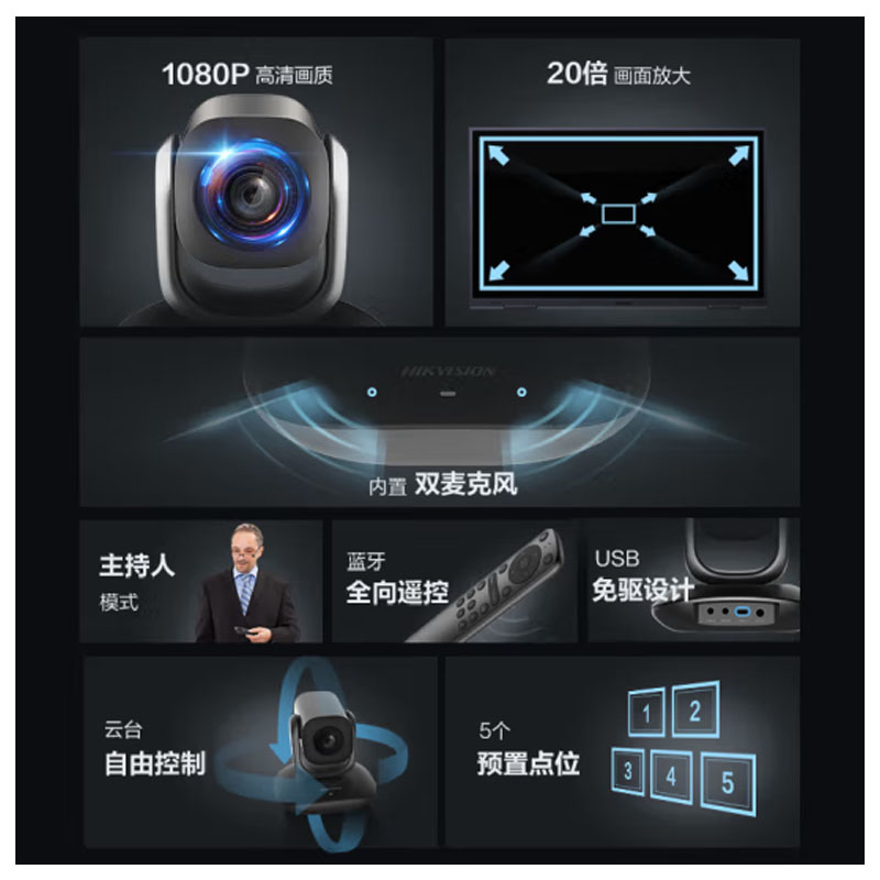 海康威视视频会议摄像头1080P内置麦克风 DS-UVC-V102Z(3-15mm) 5倍变焦高清大图
