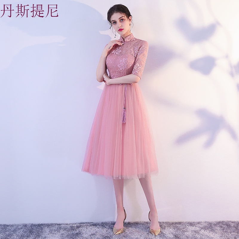 豆沙色伴娘礼服女2018新款韩版姐妹团伴娘服中长款伴娘裙洋装礼服