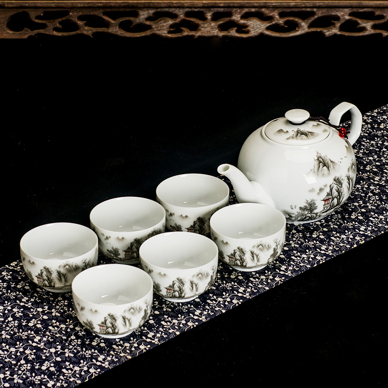 瓷物语CIWUYU家用茶具1000ML 陶瓷大茶壶单壶耐热防暴景德镇青花瓷薄胎瓷(山水一壶六杯 )
