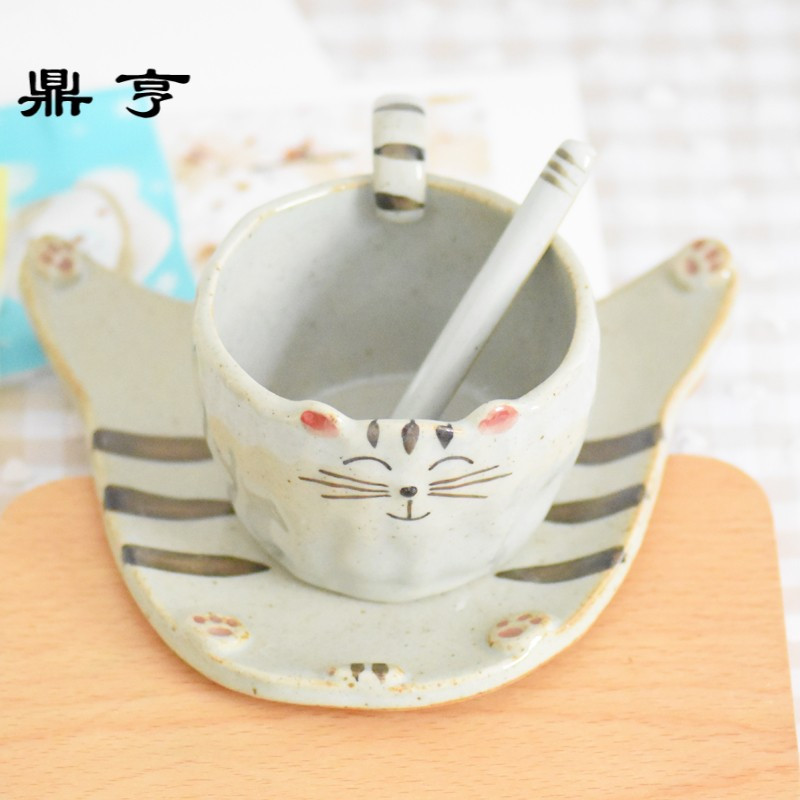 鼎亨景德镇手绘猫咪陶瓷杯子手工咖啡杯带勺带碟可爱卡通萌物趣味