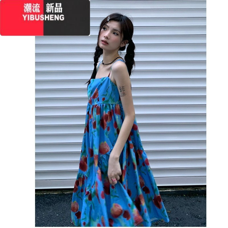YIBUSHENG度假风吊带连衣裙女季宽松百搭长裙设计感郁金香印花多巴胺裙子