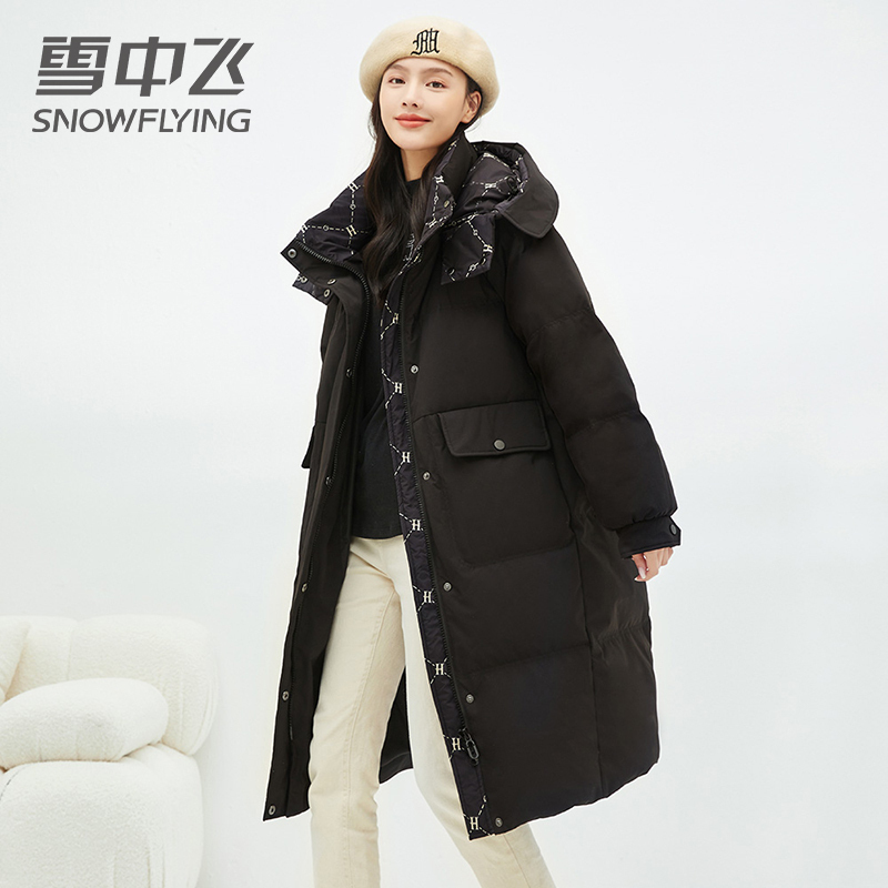 雪中飞羽绒服女过膝长款2022冬季新款时尚修身显瘦鸭绒冬装厚外套