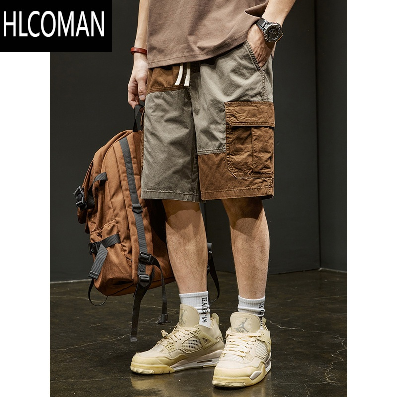 HLCOMAN美式复古撞色工装短裤男士夏季宽松直筒户外休闲5分裤ins潮流中裤