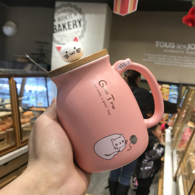 彩帮陶瓷杯马克杯女陶瓷带盖勺可爱萌猫咪情侣款杯子家用早餐水杯