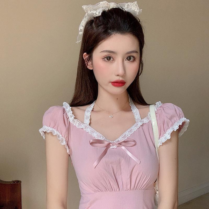 婕秘lggstylechic风蕾丝花边粉色少女连衣裙收腰显瘦法式裙子女