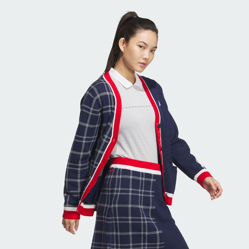 阿迪达斯(adidas)女士运动夹克经典三道杠格子针织开衫时尚保暖环高清大图