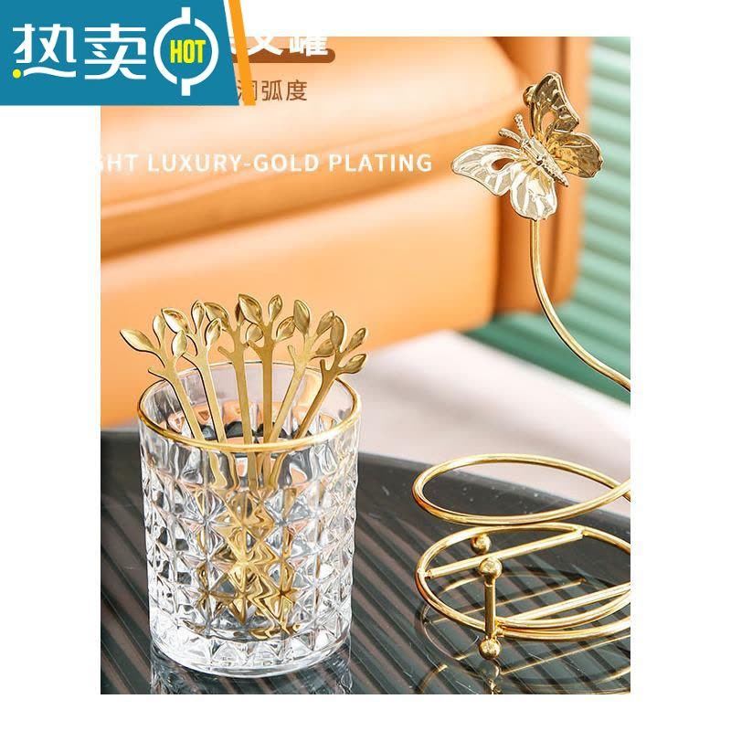 敬平北欧轻奢不锈钢水果叉套装家用网红蛋糕叉子创意收纳罐水果签 蝴蝶罐+6支树叶叉图片