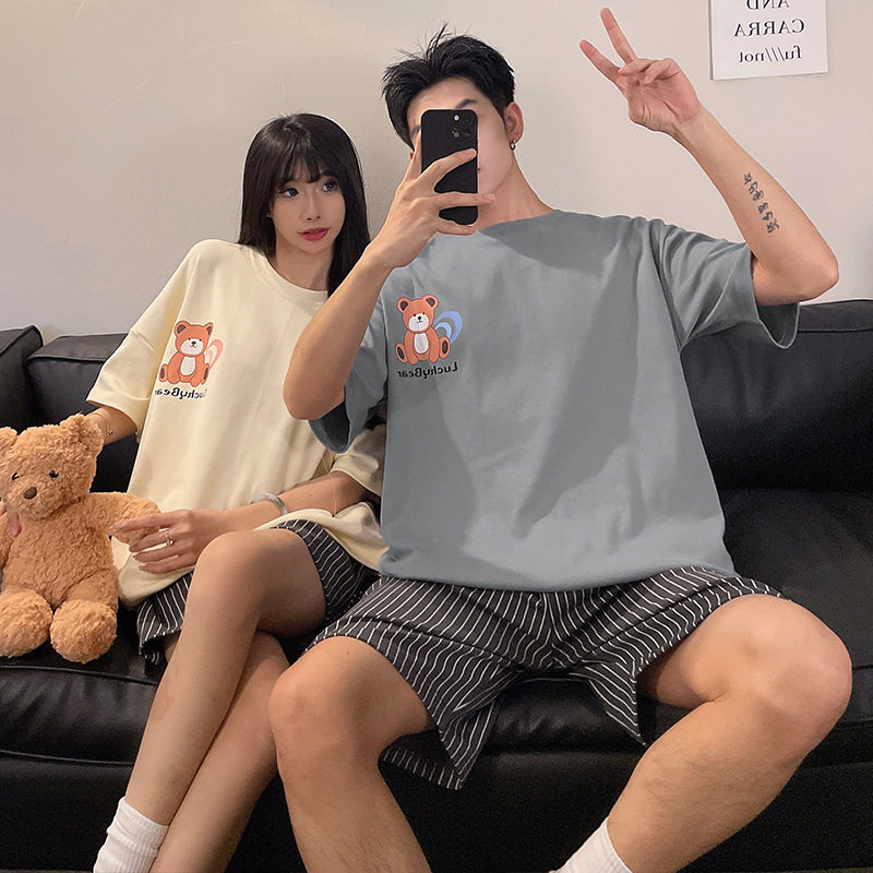 情侣秋冬季卡通套头睡衣短袖短裤女宽松休闲男士家居服可外穿套装高清大图