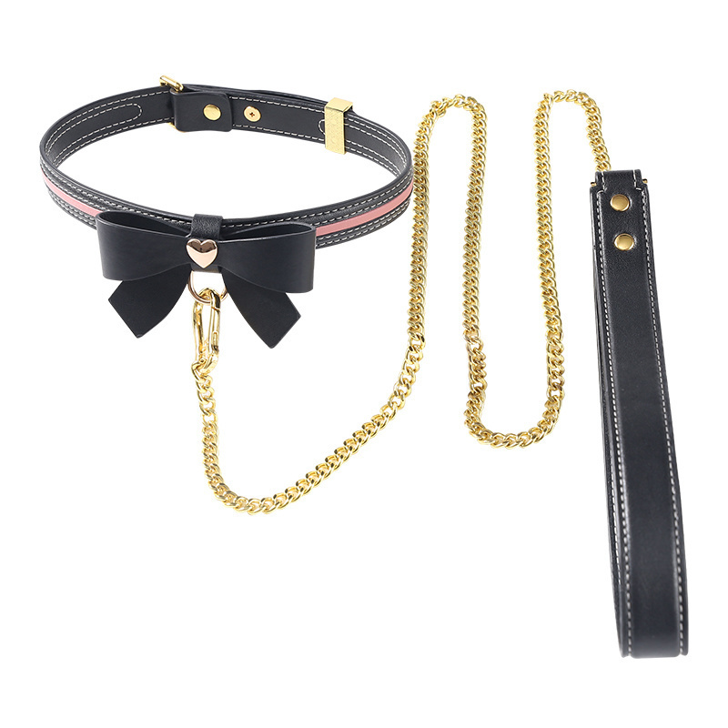 lockink索迹sm项圈情趣玩具k9引绳链捆绑束缚真皮蝴蝶结项圈粉色