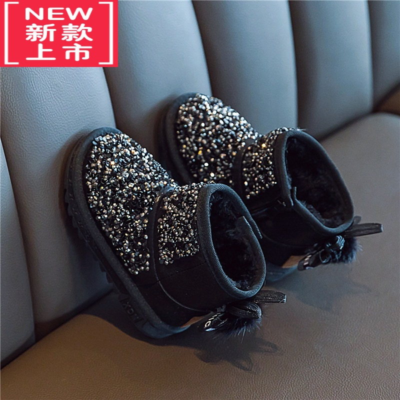 可莉允女童雪地靴2022冬季新款百搭亮片公主棉鞋中大童女孩加绒保暖短靴