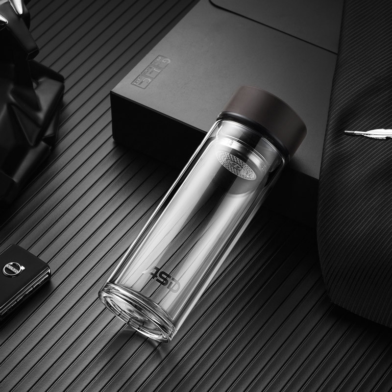 爱仕达(ASD)雪晶系列双层玻璃杯320ML 粉/蓝/浅灰/黑棕色带茶隔滤网双层隔热不烫手喝水杯子耐骤温差便携防烫泡茶杯