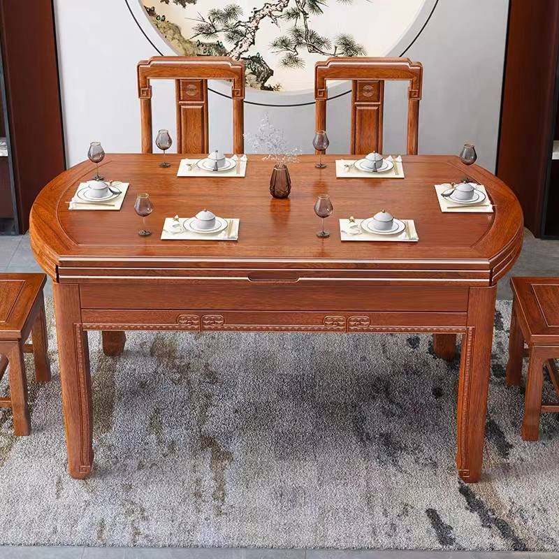 锐取餐桌花梨木全实木餐桌椅组合可伸缩折叠餐桌现代中式仿古雕花格木