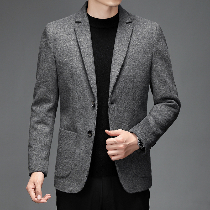 皮尔卡丹韩版修身羊毛呢西服男士外套厚款商务休闲中青年男装衣服冬季新款