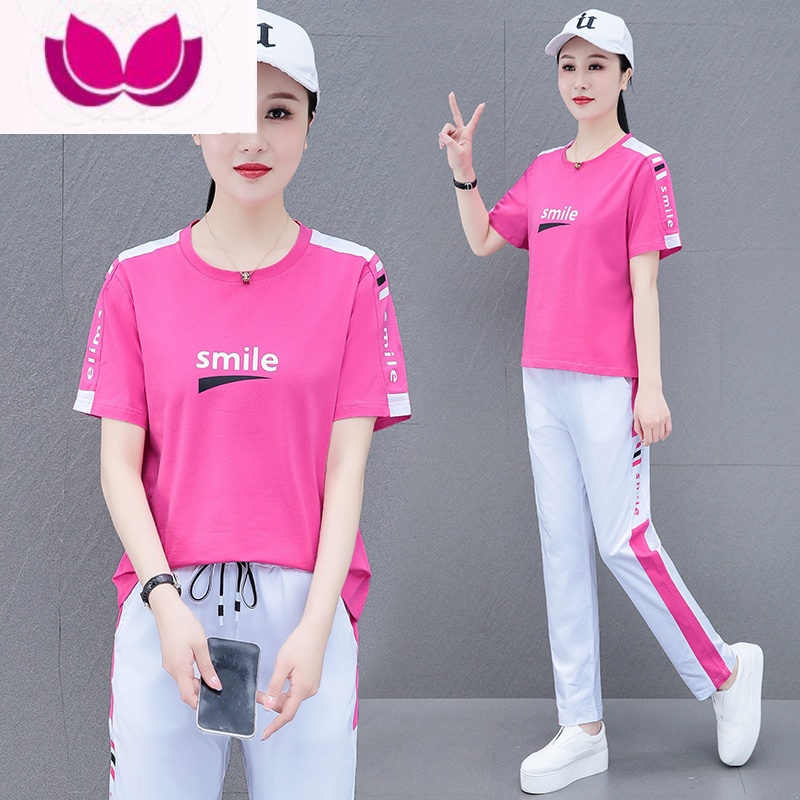 七斓广场舞跳舞运动休闲服套装女夏季2023新款时尚洋气薄款套 M(建议80-100斤) 玫红(短袖套装)