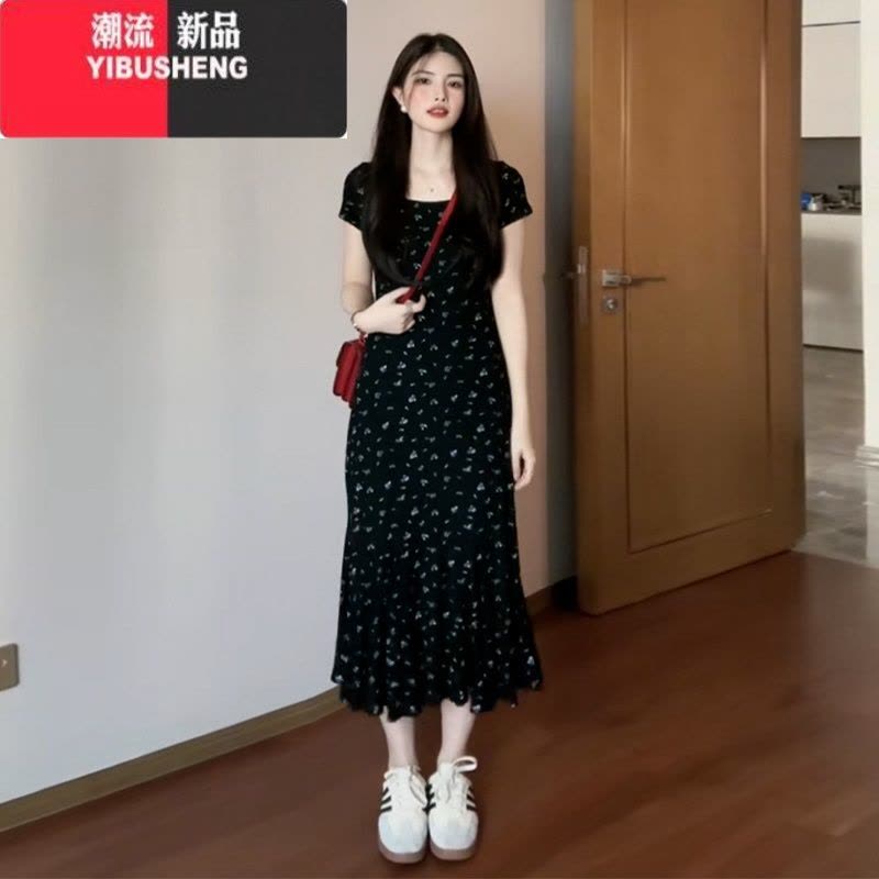 YIBUSHENG法式黑色碎花短袖连衣裙子女装季2024新款修身收腰显瘦气质长裙图片