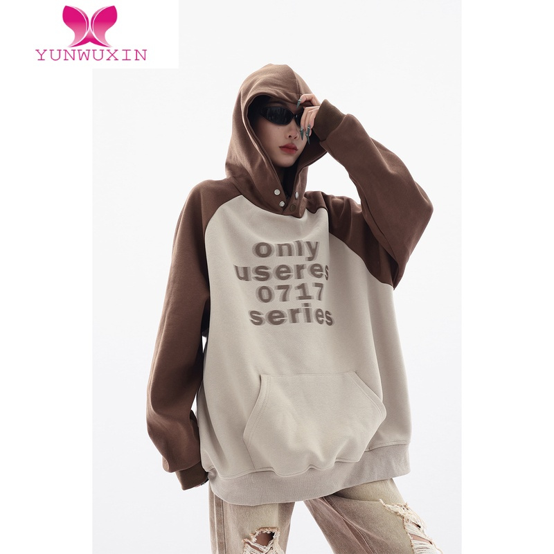 YUNWUXINAce撞色插肩袖连帽卫衣女宽松显瘦2022秋新款百搭潮牌上衣