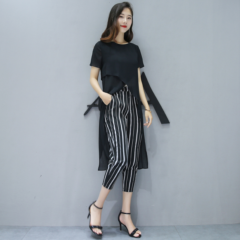 女士夏款新品女装气质洋气雪纺bf时尚套装韩版小香风夏天两件套潮