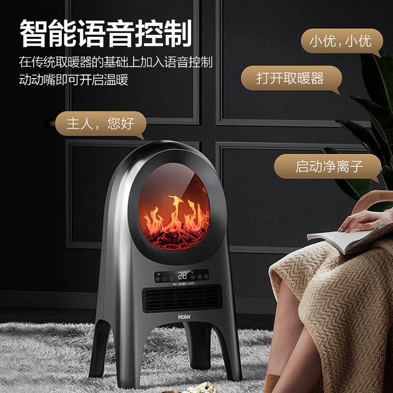 海尔(Haier) 家用取暖器暖风机仿真壁炉火焰电暖器遥控定时便携电暖气居家办公室净化空气烤火炉 仿真火焰/净离子输出/