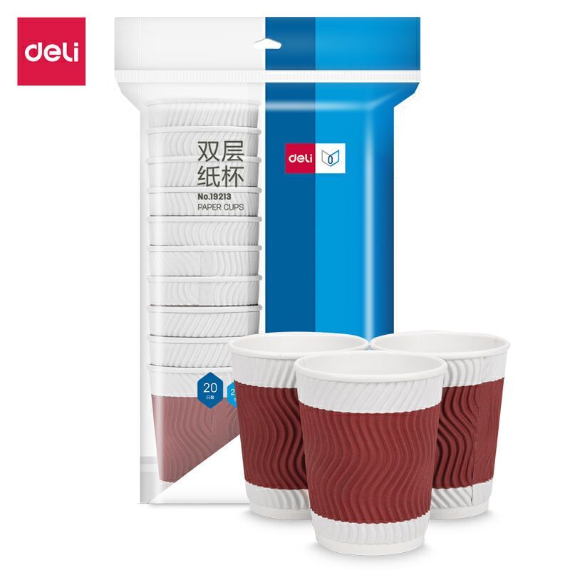 得力 19213 双层 纸杯 木浆纸 228ml 红色(20只 /盒)高清大图