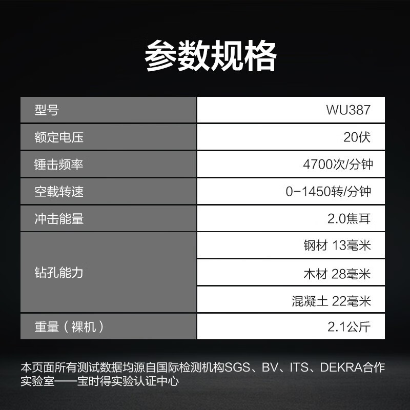 威克士 20V无刷充电电锤冲击钻 WU387 锂电池电搞电钻两用混凝土