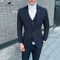 富贵鸟(FUGUINIAO)商务青年礼服韩版修身条纹西服套装男士帅气大码西装三件套婚礼服