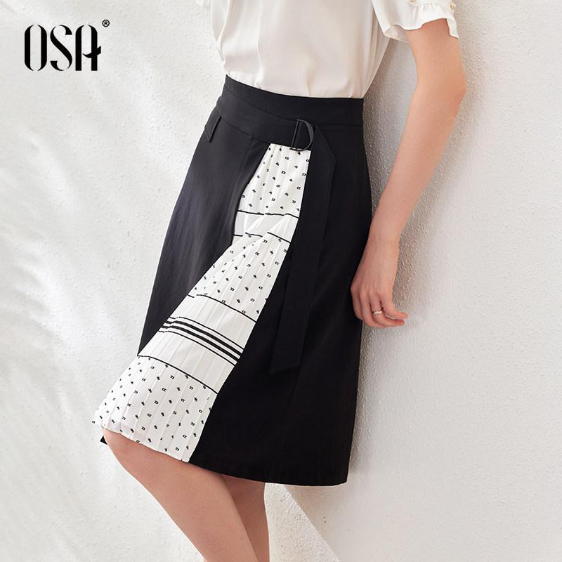 【夏季新品】OSA欧莎黑色拼接半身裙中长款女高腰a字裙夏2021新款气质职业百褶裙子