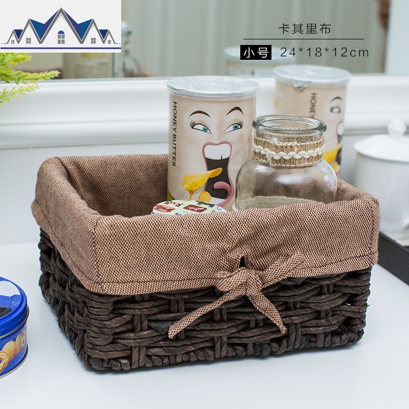 编收纳筐藤编布艺桌面收纳篮储物筐杂物小篮子茶几遥控器收纳盒 三维工匠 小号卡其布里