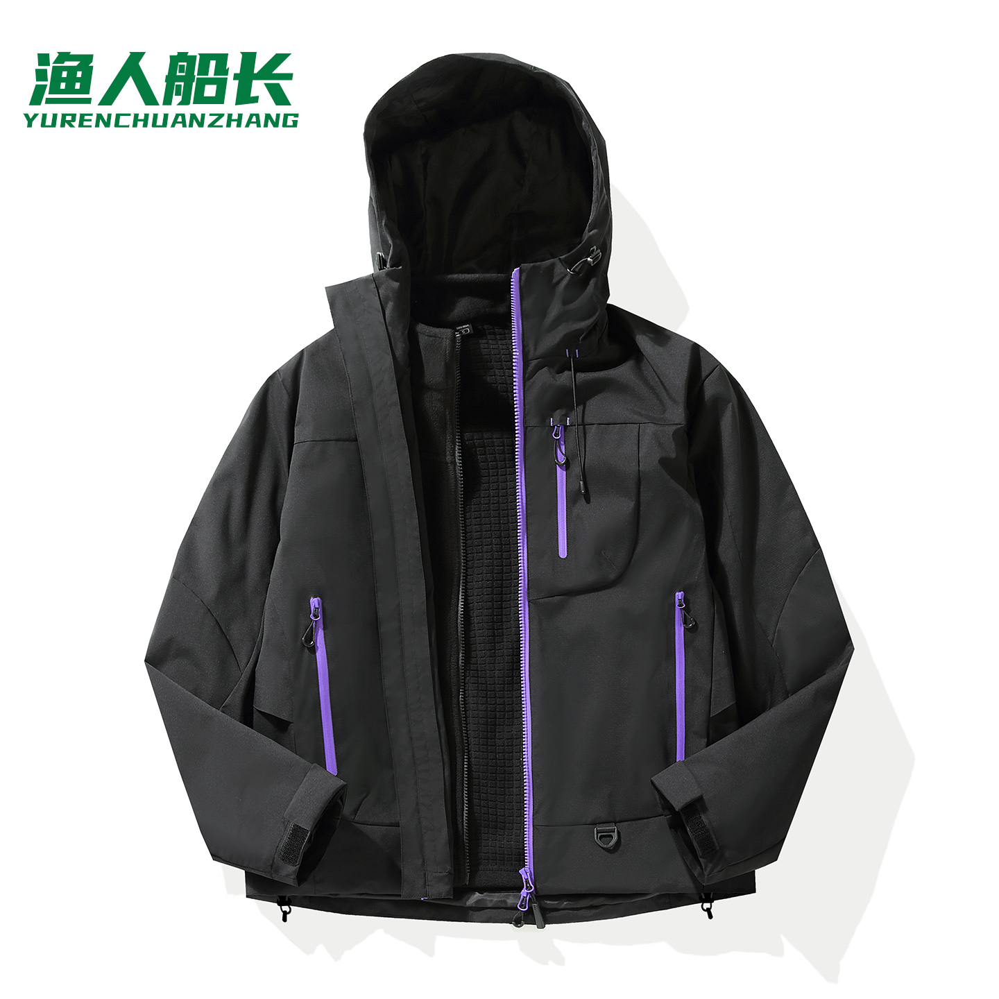 渔人船长冬季时尚户外情侣款冲锋衣男女三合一防风保暖可拆卸连帽两件套 深暮黑 3XL