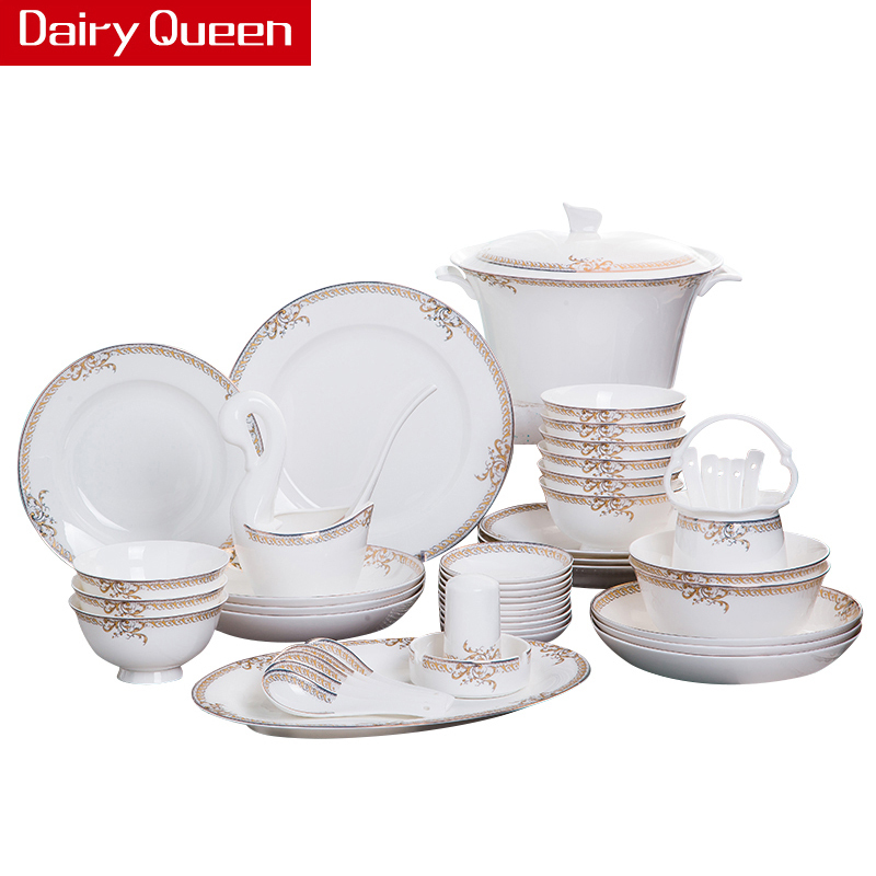 DAIRYQUEEN景德镇盛世华衣60头豪华标配简约欧式家用陶瓷餐具碗碟套装套装餐具碗碟盘勺子家用套装