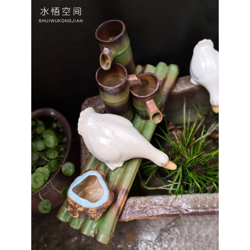 景德镇陶瓷流水竹排板DIY百搭鱼缸加湿器造景搭配摆件大中号 三维工匠 褐色款四中号长32cm高清大图