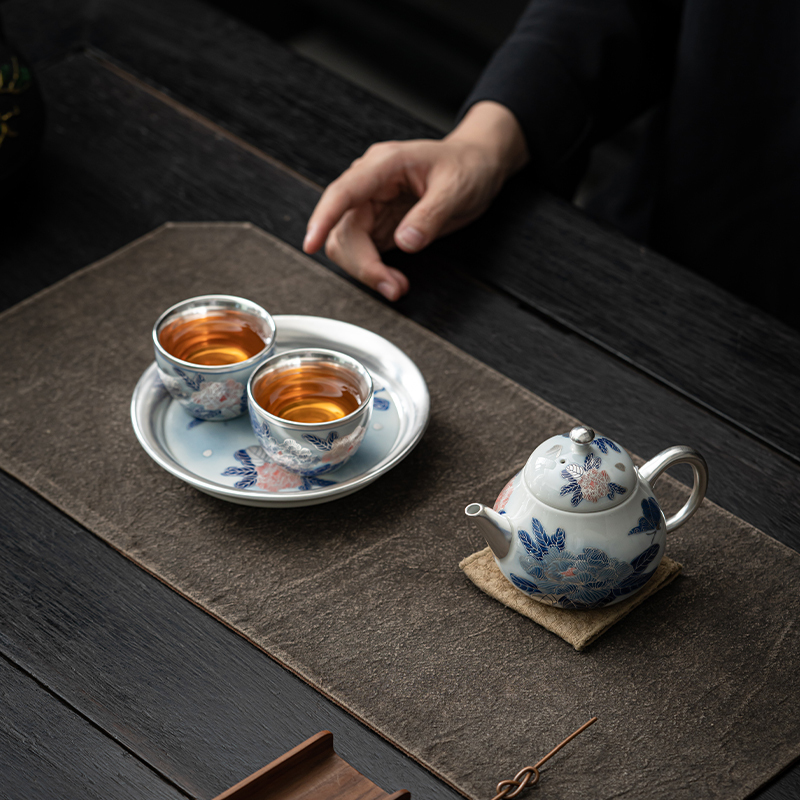苏氏陶瓷(SUSHI CERAMICS)鎏银国礼牡丹壶茶具套装非遗传承人郑文强作品一壶两杯带壶承礼盒