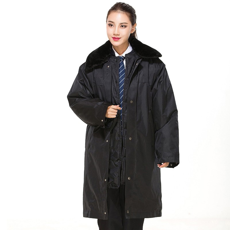 皖川WC-032黑色冬季加厚加长款中长款保安大衣男工作服 防寒服双反保安棉衣制服 多功能大衣高清大图