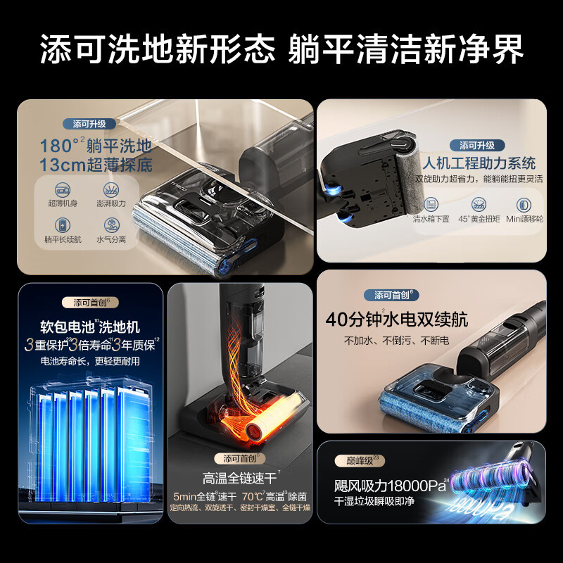 添可人机工程助力版关万Stretchs无线智能洗地机180°躺平高温全链速干吸拖碑興茎Ị皇忏拉体洗地机高清大图