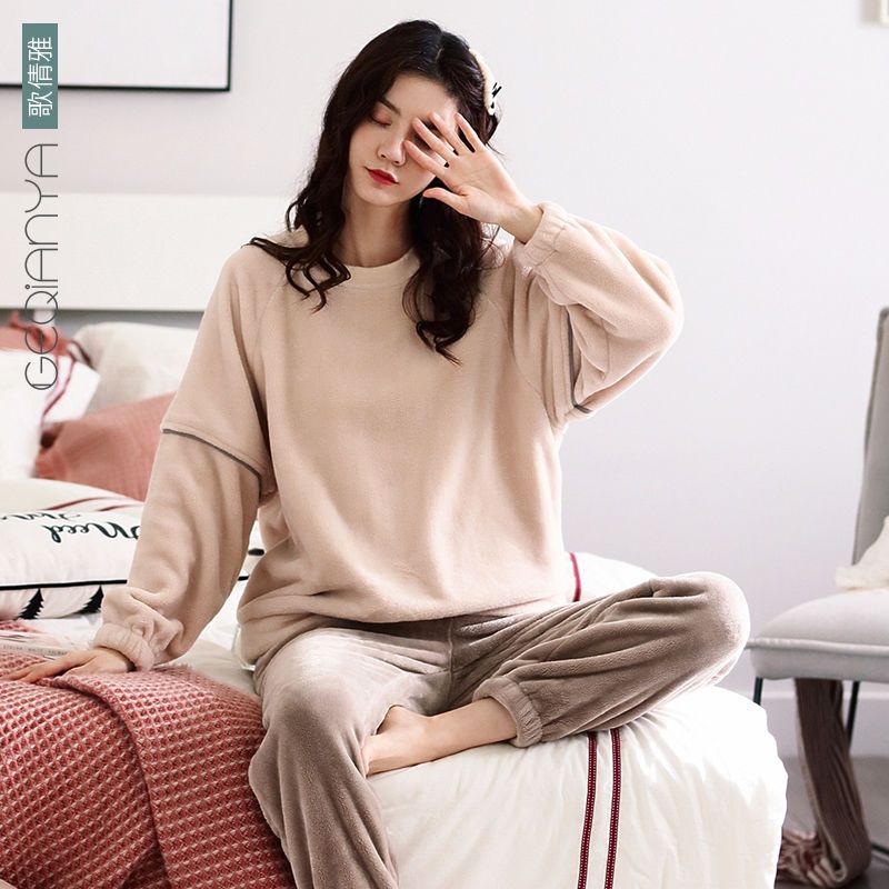 睡衣女秋冬珊瑚绒加厚套头可外穿家居服冬季保暖法兰绒套装