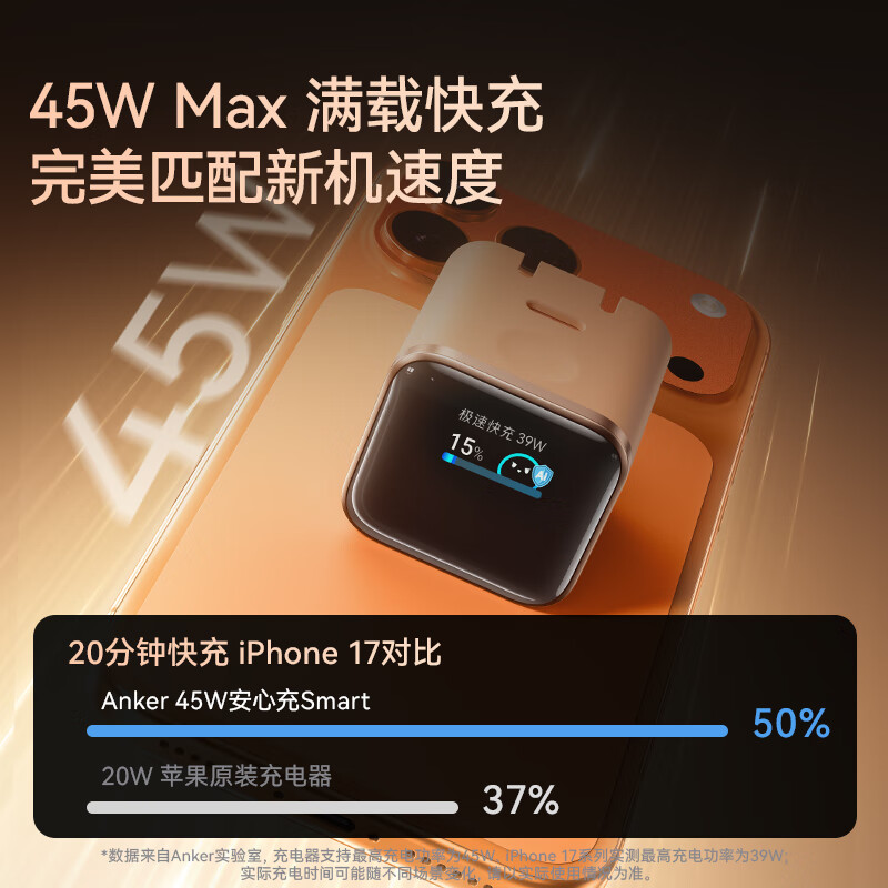 安克45W屏显充电器安心充smart苹果17氮化镓type-c适用iPhone16promax手机Apple15插头高清大图