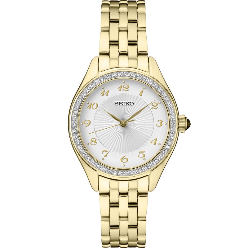 SEIKO/精工 水晶系列女士手表 时尚百搭优雅气质三针镶晶表圈圆盘金色钢带商务休闲石英表