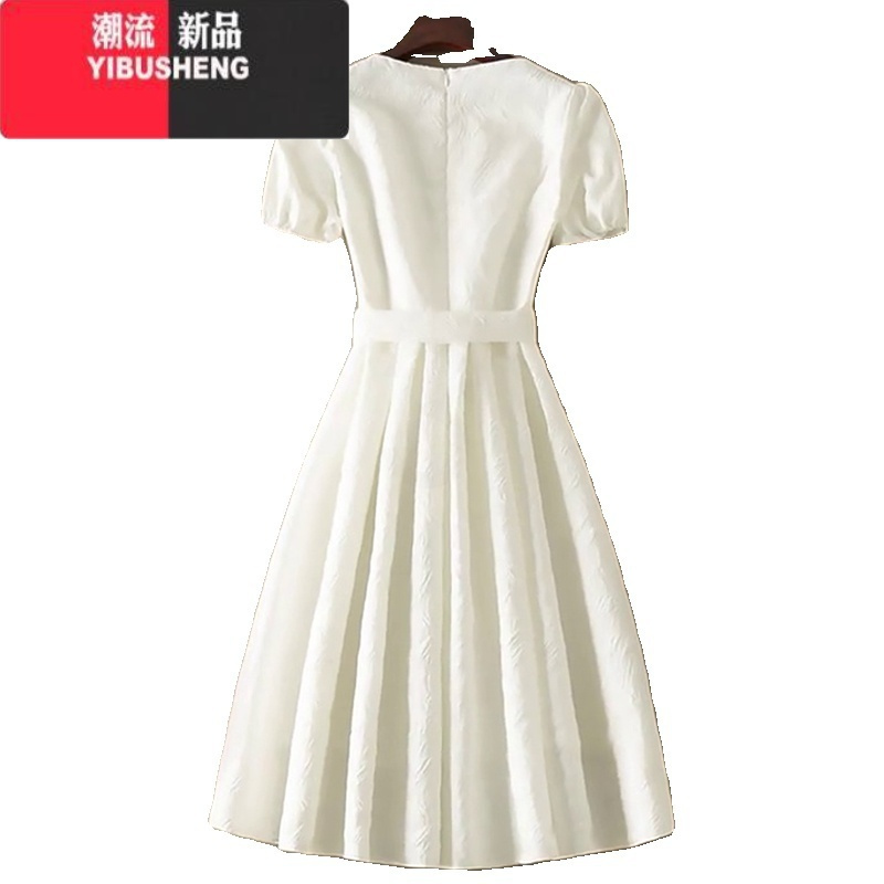 YIBUSHENG小个子女装小白裙高级感法式白色圆领收腰连衣裙长裙泡泡袖