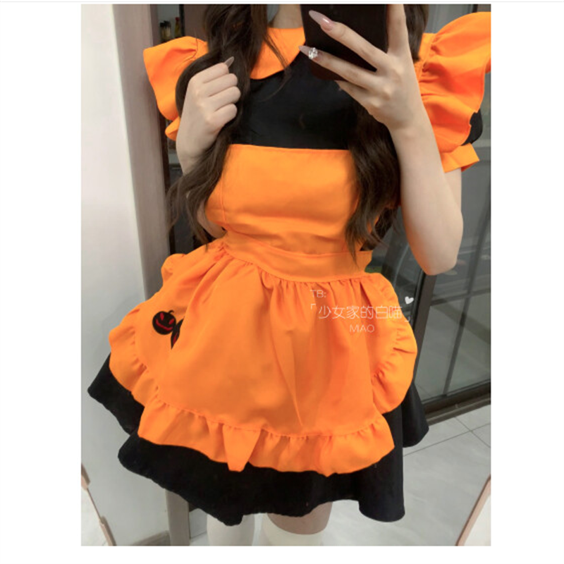 HD 万圣节南瓜女仆装cos蝙蝠吸血鬼可爱女佣装魔法女巫lolit连衣裙女 连衣裙+围裙+发箍+黑丝袜+裙撑M高清大图