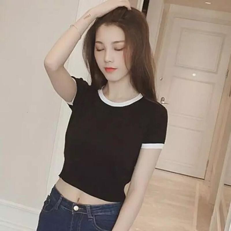 性感短装针织露脐上衣女夏季短袖漏肚脐短款紧身高腰衣服学生灰色均码(面料)