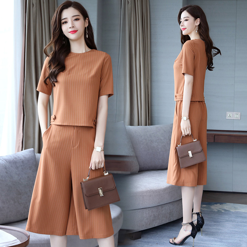 夏款阔腿裤套装女潮女士秋装新品女装时髦套装气质宽松条纹两件套