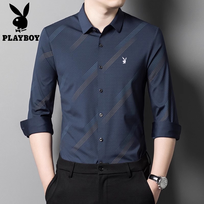 花花公子2025春秋季无痕条纹男士长袖衬衫商务休闲爸爸免烫寸衣