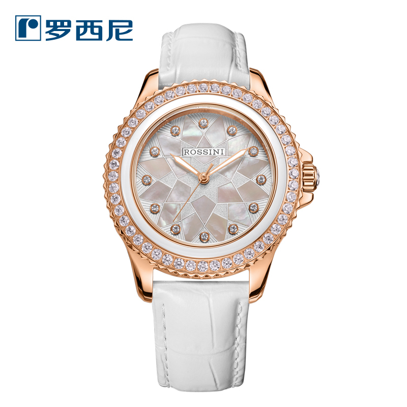罗西尼(rossini)手表陶瓷新款镶钻防水腕表贝母表盘机械表女sn8620
