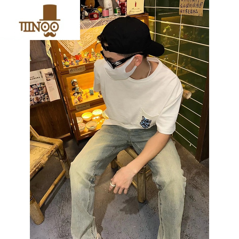 YANXU夏季美式黄泥微喇牛仔裤水洗窄版复古做旧高街直筒男款hipho洗牛裤高清大图