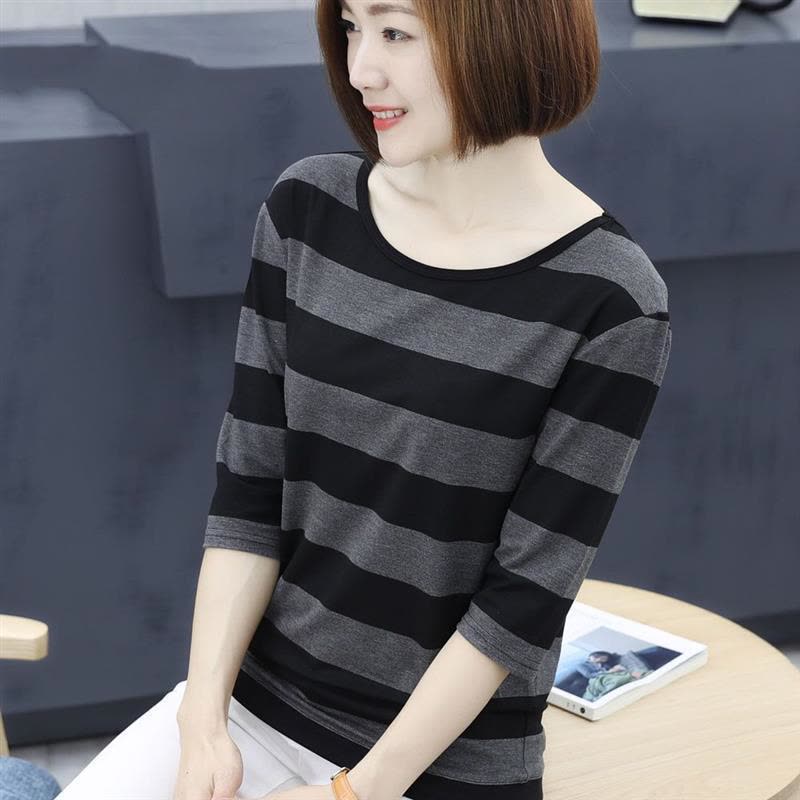 仅亏一天明天恢复39]大码女装2019春季长袖条纹t恤女宽松打底衫图片