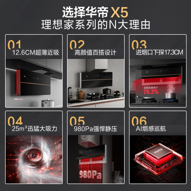 [变频烟机]华帝(vatti)超薄双腔X5+79B烟灶套装25m³大吸力自动洗X6同款抽油烟机5.2kW定时燃气灶