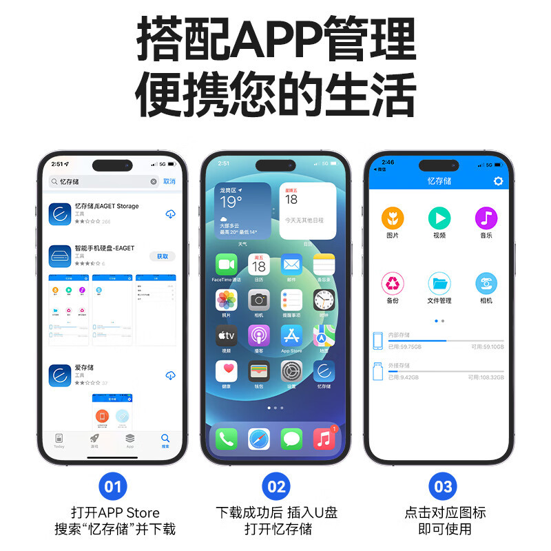 忆捷(EAGET)i90PLUS苹果安卓 手机U盘三合一 256GB Lightning USB3.0 type-c高清大图