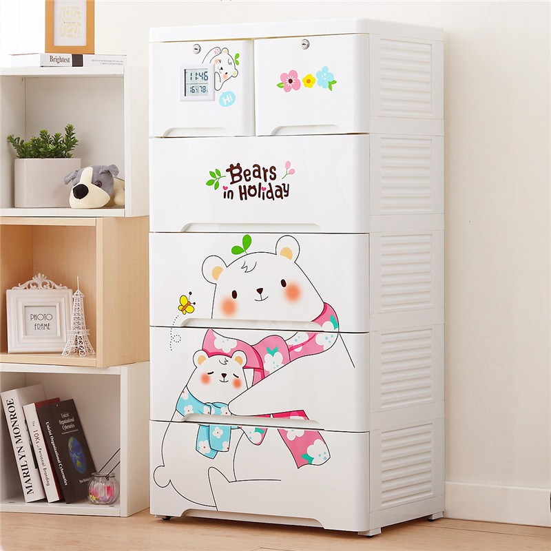 也雅(Yeya)塑料收纳柜子衣柜52425KB 嘟嘟熊270L五层 (带电子表+抽屉锁)其他日用材质收纳层架